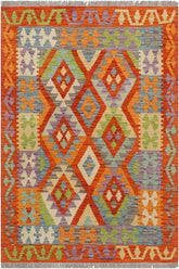 Flat Weave Kilim Antique Navaho Vintage handmade Geometric Kilim Rust Blue Hand-Woven Rectangle 100% Wool Area Rug 3x4